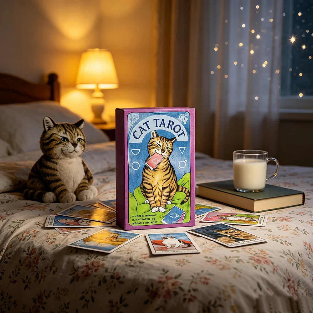 A box of Cat Tarot cards resting on a bed with soft lighting and other tarot cards scattered nearby.