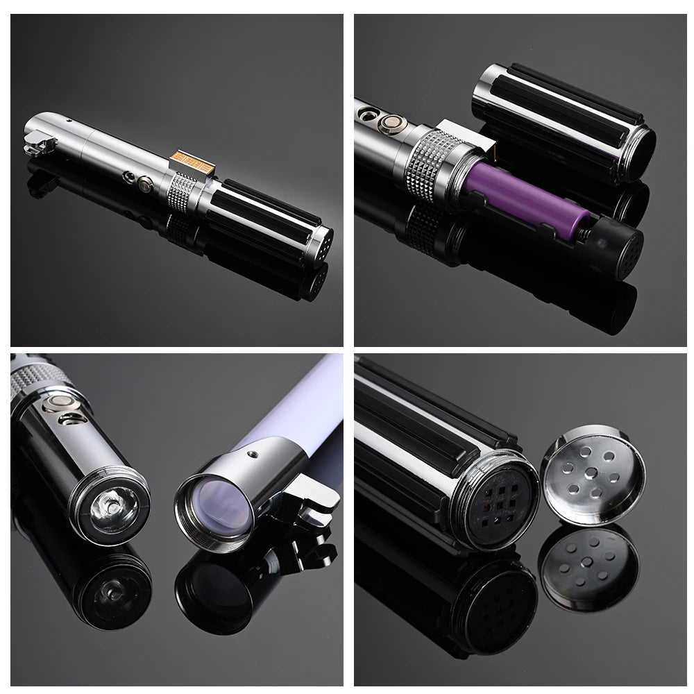 Close-up views of an RGB metal lightsaber with sound effects and a removable blade shown in various angles.