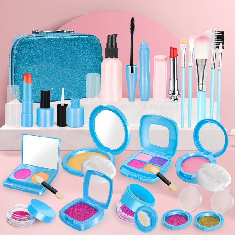 A collection of children's pretend play makeup products including bottles, brushes, palettes, and a mirror set.