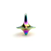 A metal fidget spinner with a smooth, iridescent finish, showing various shades of purple and green.