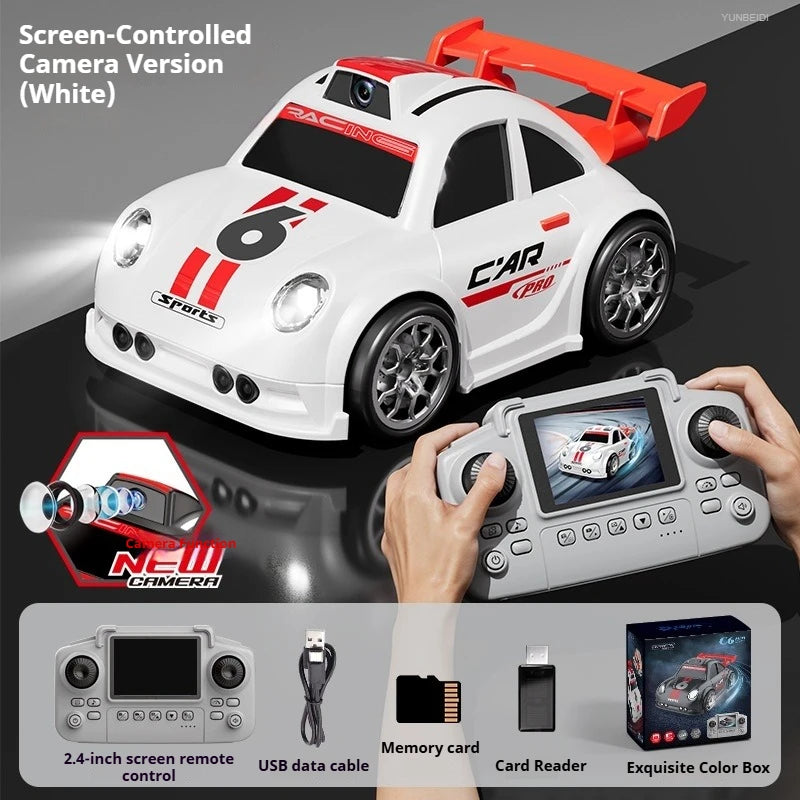 A white sports RC car with an HD camera is shown next to a remote control and memory card.