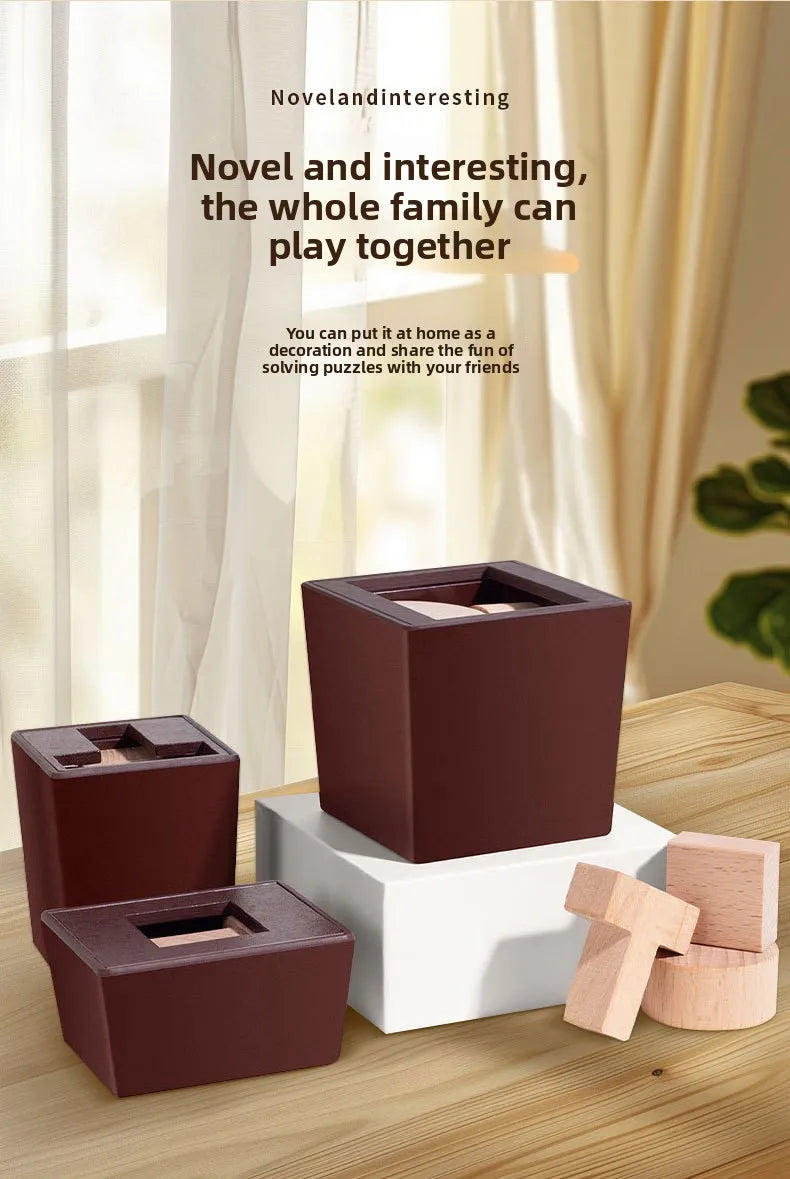 A set of wooden magic box puzzles featuring 6 interlocking blocks in various shades of brown and natural wood.