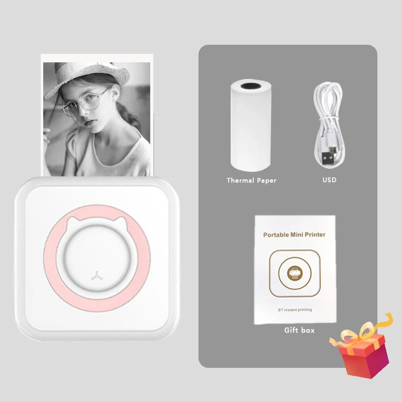 A white portable mini printer with a gift box, thermal paper, and USB cable shown next to a photo of a woman.
