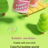 A pink and yellow electric bubble machine toy with a clear bottle, showing a colorful bubble world.