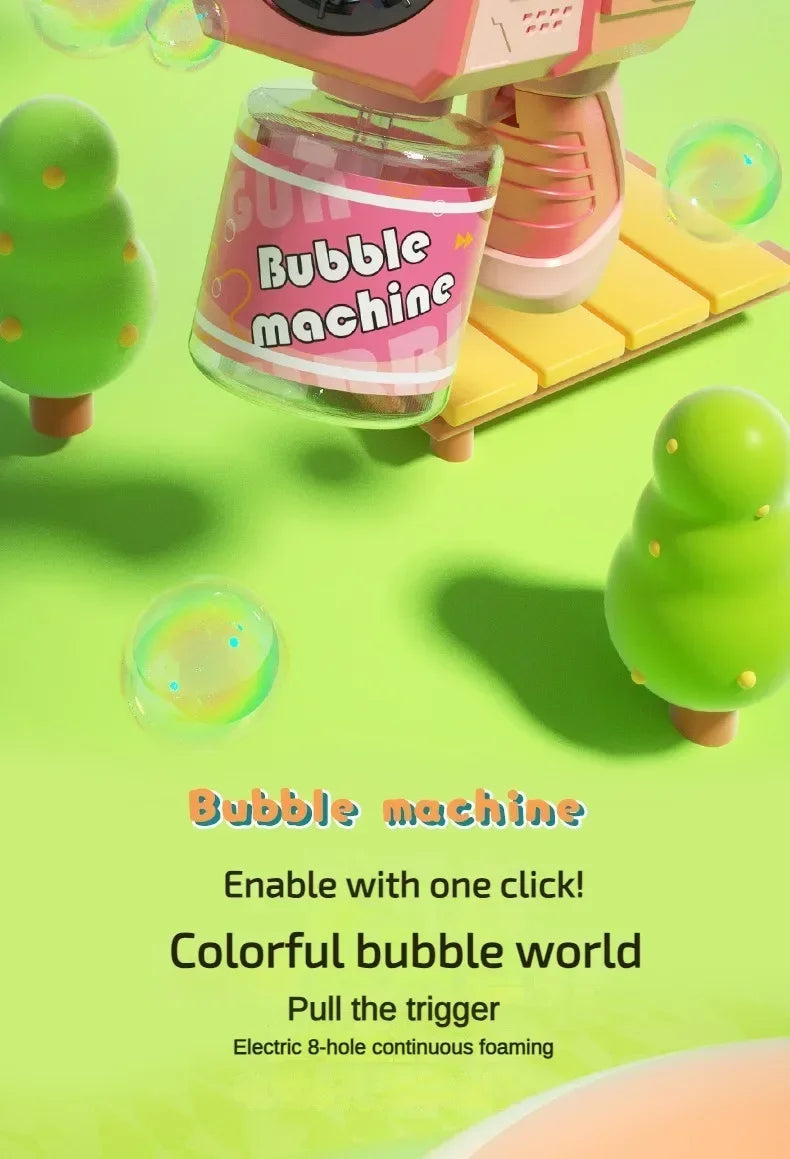 A pink and yellow electric bubble machine toy with a clear bottle, showing a colorful bubble world.