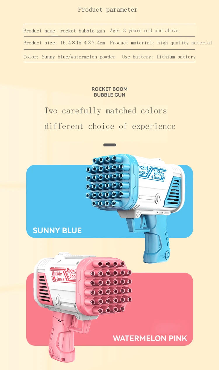 Two versions of a rocket bubble gun are shown: Sunny Blue and Watermelon Pink.