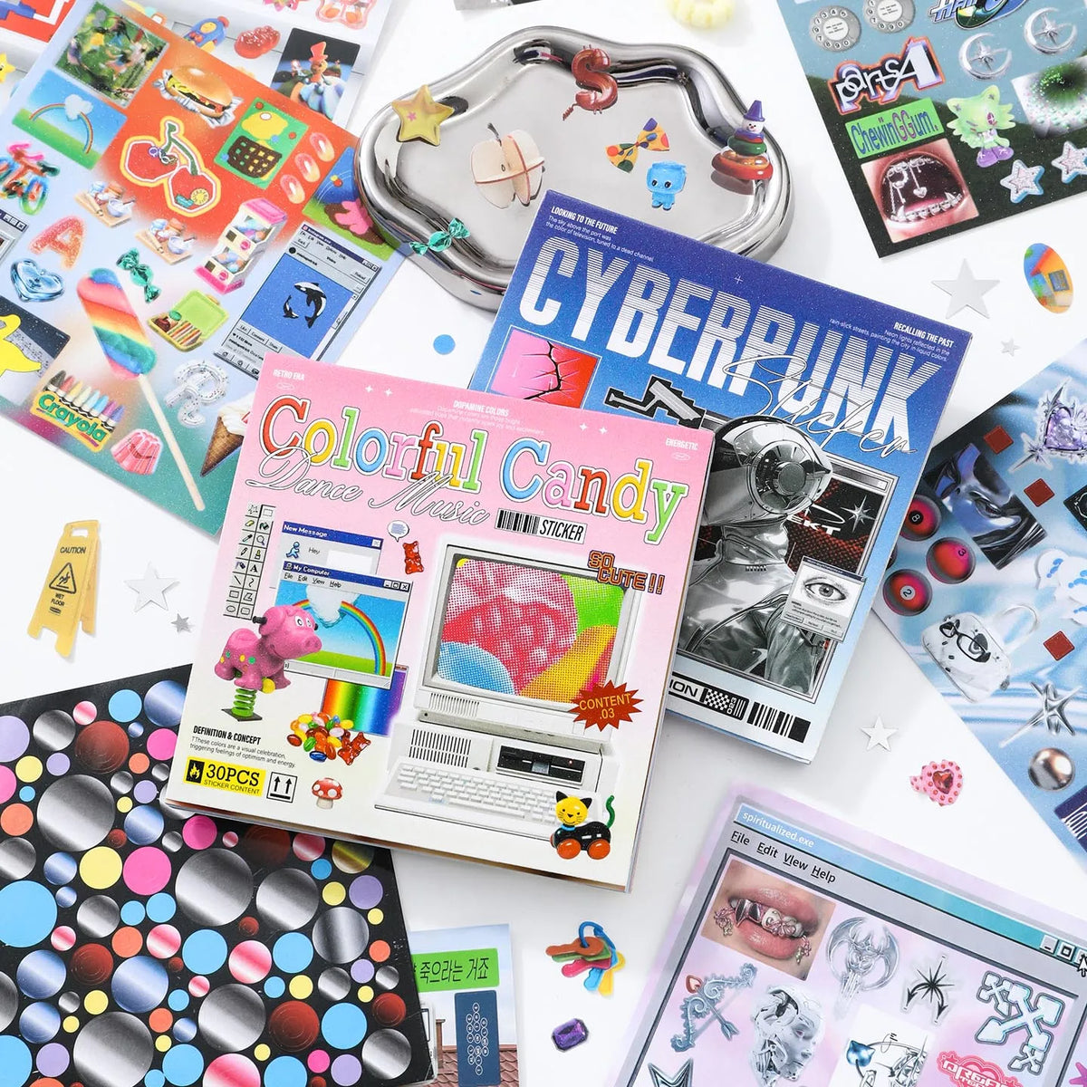 A collection of colorful die-cut stickers featuring cyberpunk and cute themes on various surfaces.