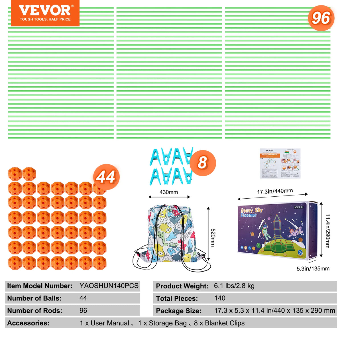 A set of 96 glow-in-the-dark rods and balls for a fort building kit with accessories.