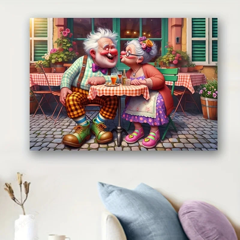 A jigsaw puzzle depicting two elderly men sitting at a table in a romantic café scene.