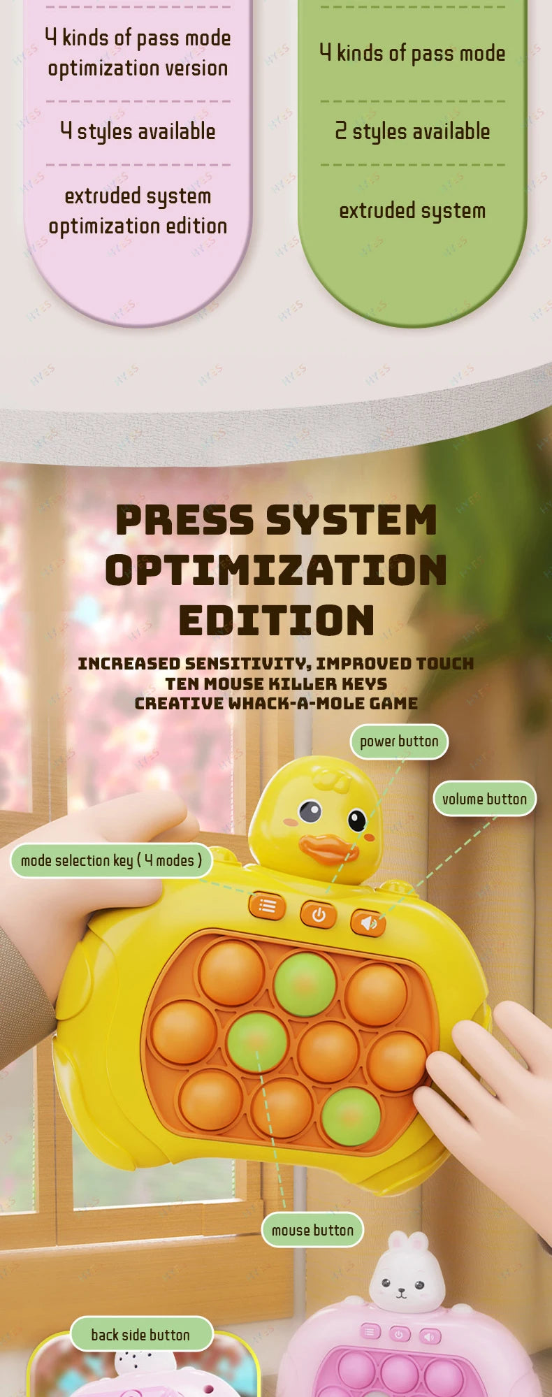 A yellow Pop It fidget game console is shown with various buttons and lights, being held by a hand.