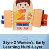A wooden multi-layer busy board featuring a child's face and clothing, designed for early learning.