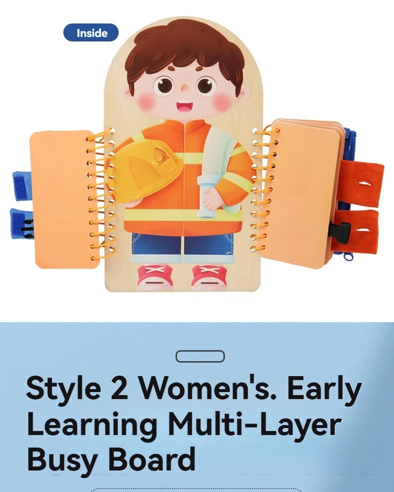 A wooden multi-layer busy board featuring a child's face and clothing, designed for early learning.