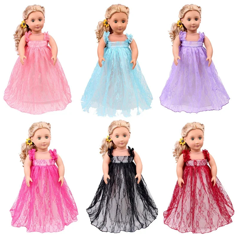 Six variations of a purple and pink winter doll coat and dress outfit for 18-inch dolls