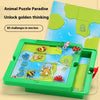 A green box containing a puzzle game with animal themed slides and challenges for kids.