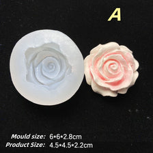 A white silicone mold with a rose design and a finished pink rose flower.