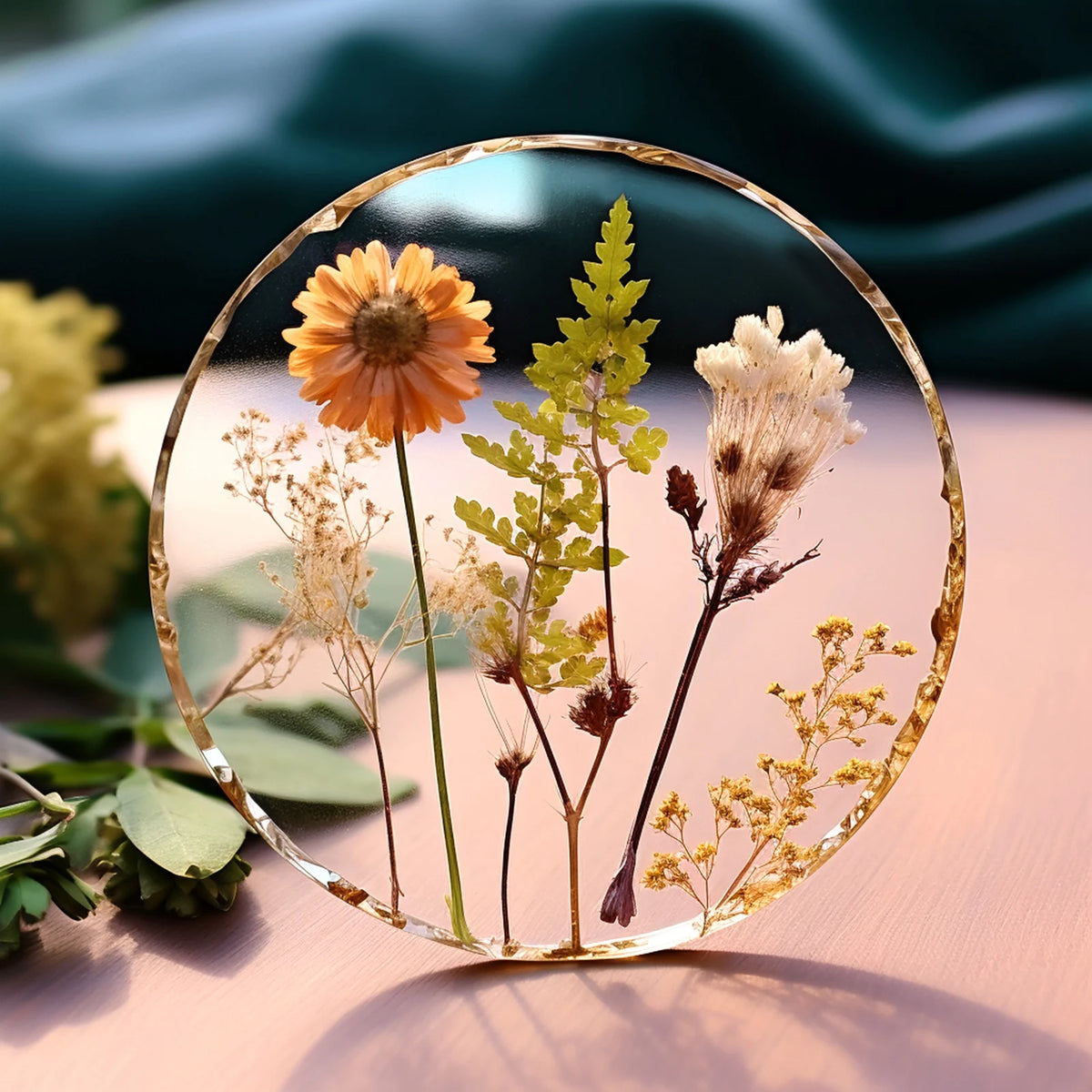 A clear glass circle holds dried flowers and greenery, showcasing natural elements for jewelry making.
