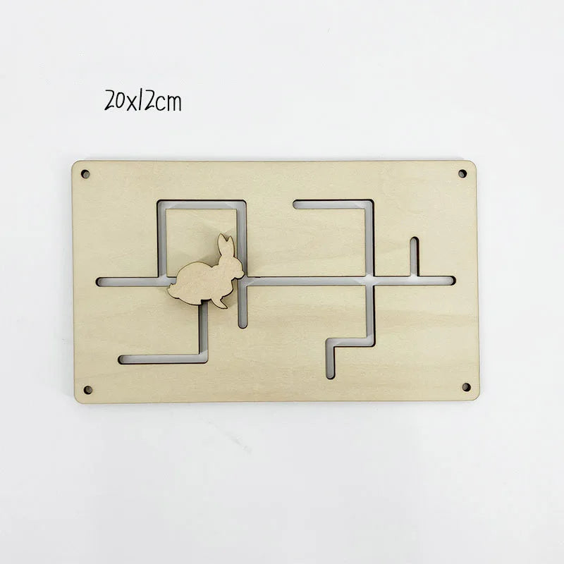 A light wood Montessori busy board featuring a rabbit cutout and various wooden puzzle pieces for sensory learning.