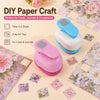 A pink and blue decorative square stamp edge paper punch tool with various floral paper scraps.