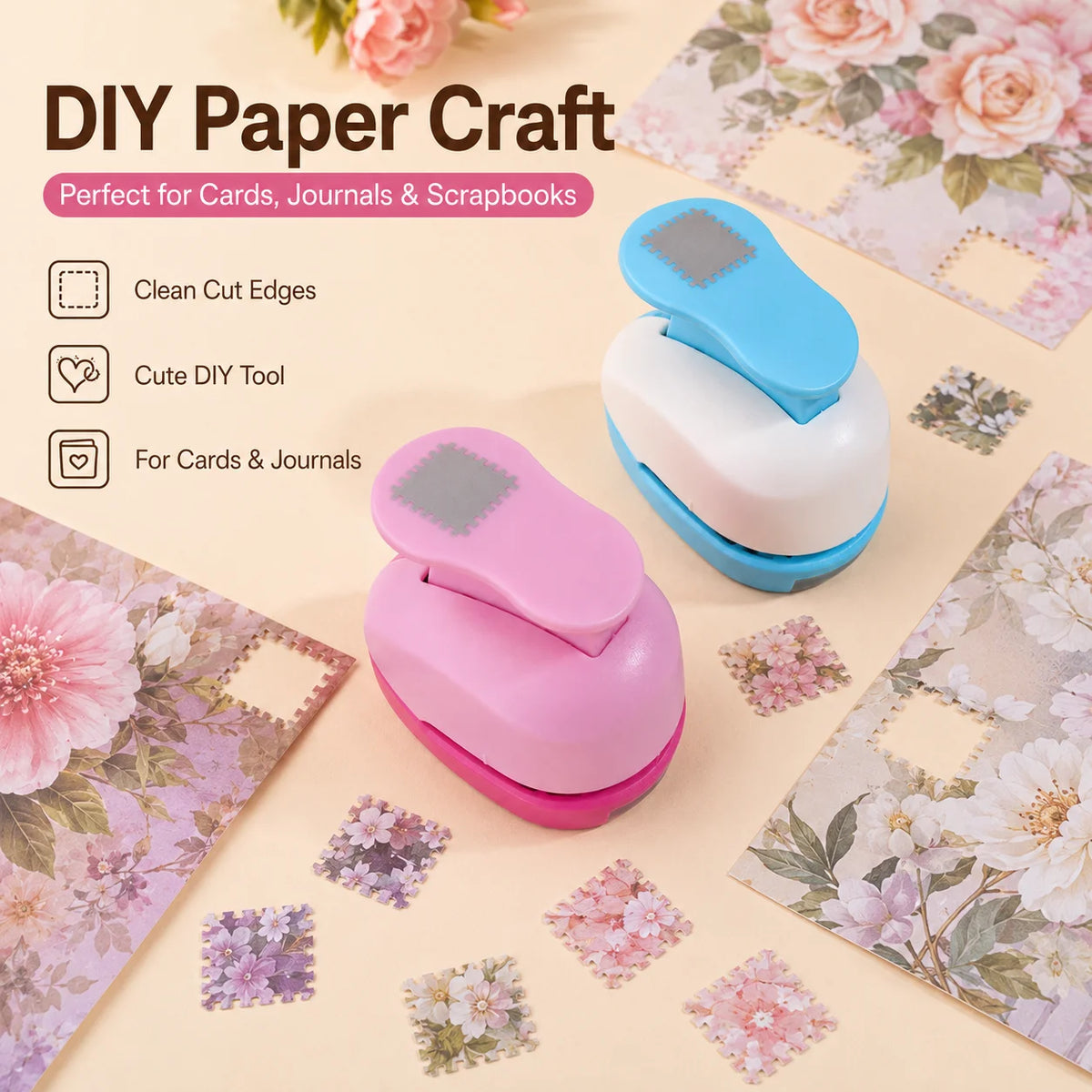 A pink and blue decorative square stamp edge paper punch tool with various floral paper scraps.