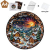 A wooden jigsaw puzzle depicting a snowy forest scene with houses and mountains, along with a wall mounting kit and nano glue