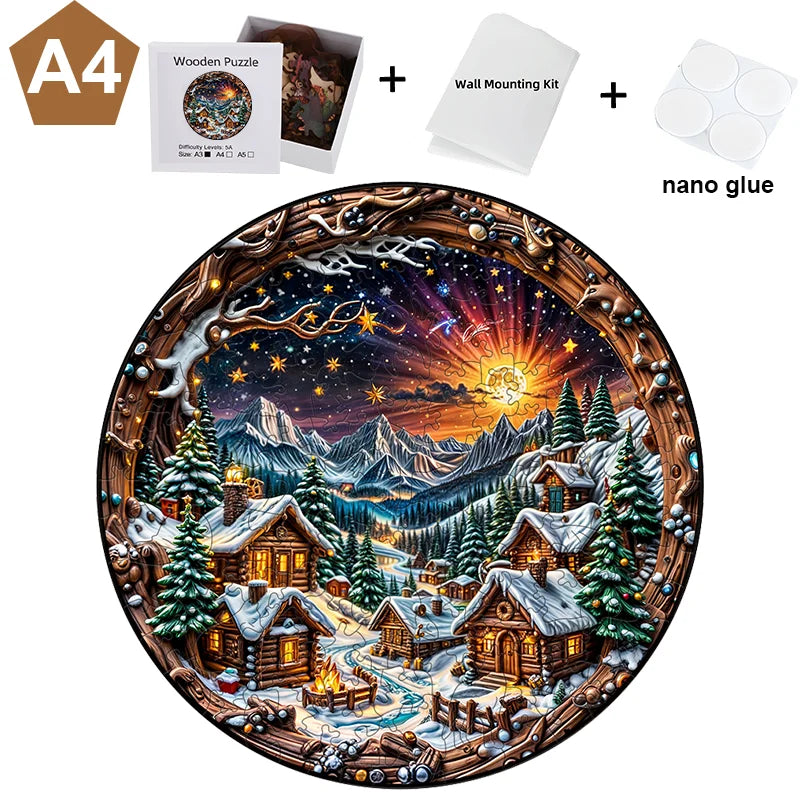 A wooden jigsaw puzzle depicting a snowy forest scene with houses and mountains, along with a wall mounting kit and nano glue