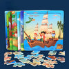 A set of wooden animal and vehicle jigsaw puzzles featuring a Corsair ship and figures.