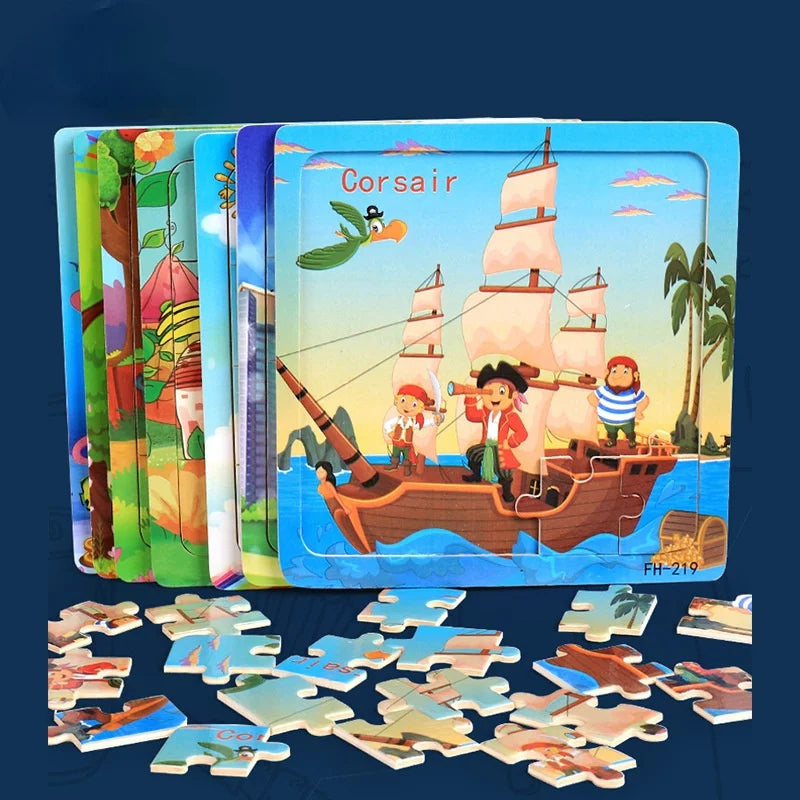 A set of wooden animal and vehicle jigsaw puzzles featuring a Corsair ship and figures.