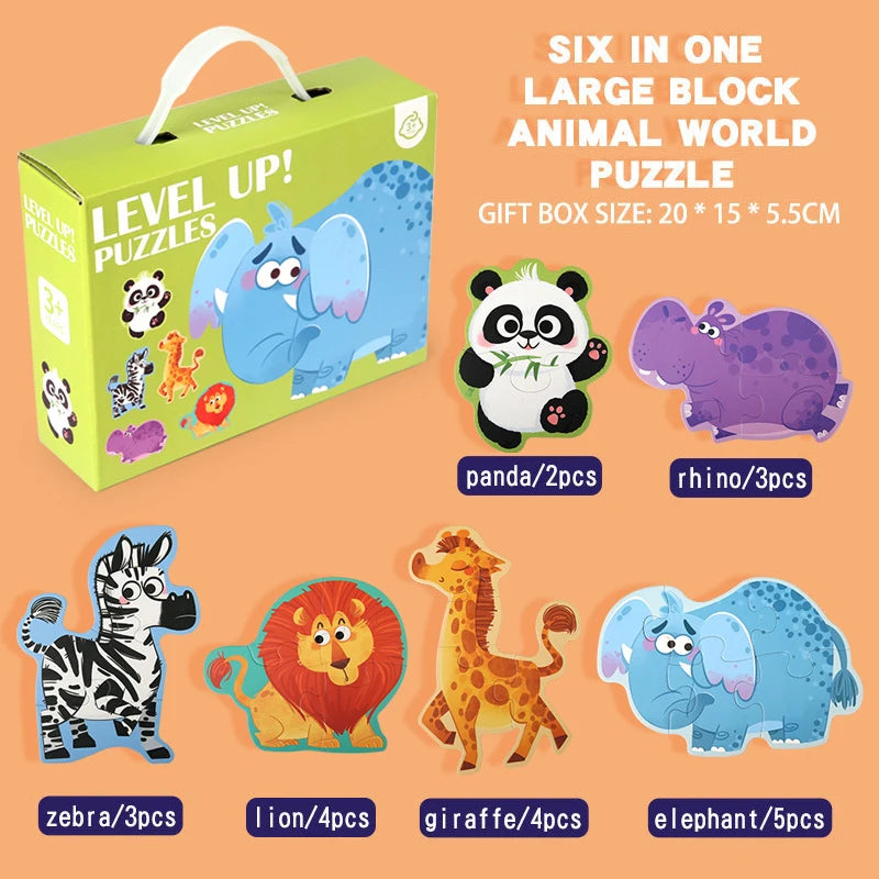 A set of six large block animal world puzzles featuring a zebra, lion, giraffe, elephant, panda, and rhino.
