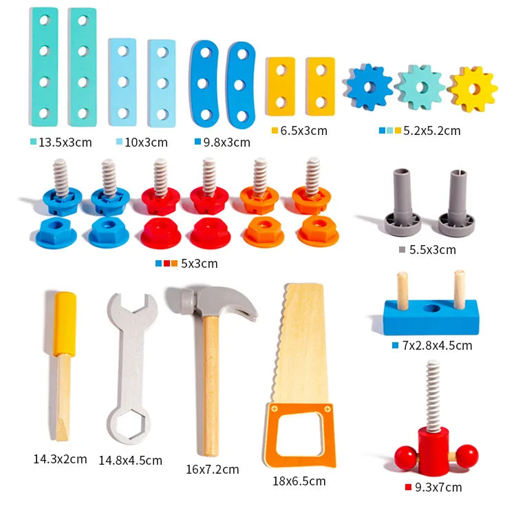 A set of wooden tools and shapes including various sized blocks, screws, and a screwdriver for play.