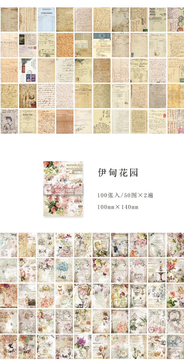 A collection of vintage decorative paper sheets for scrapbooking and journaling, featuring floral and botanical designs.