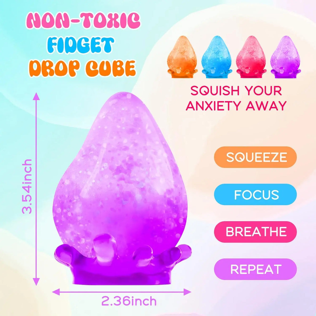A purple fidget drop cube silicone stress toy with various colors and a squish feature.