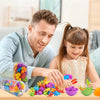 A boy and a girl are sorting colorful plastic dinosaur toys into various colored bowls on a wooden table.