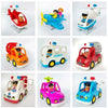 A collection of city traffic vehicles including trucks, buses, and cars made from building blocks.