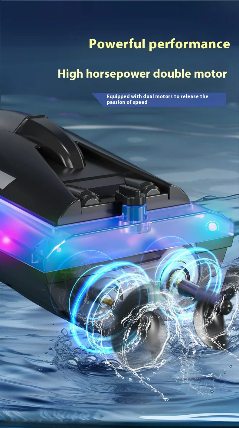 A black RC speedboat with dual motors is shown moving through water, creating a splash.