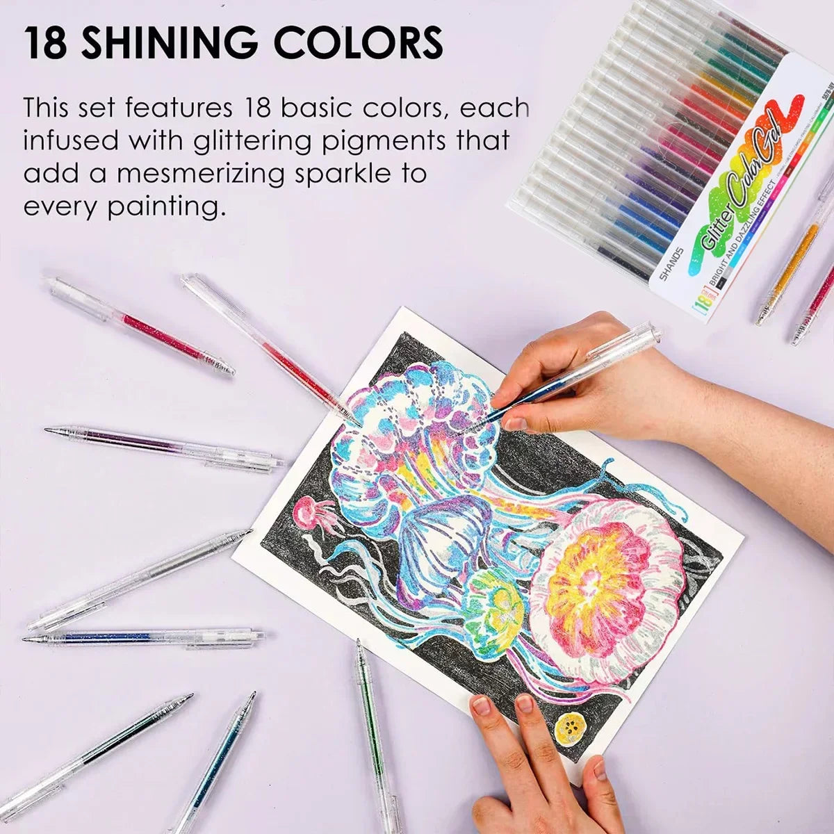 A set of 18 shining glitter gel pens is shown with a hand painting a colorful floral design on paper.