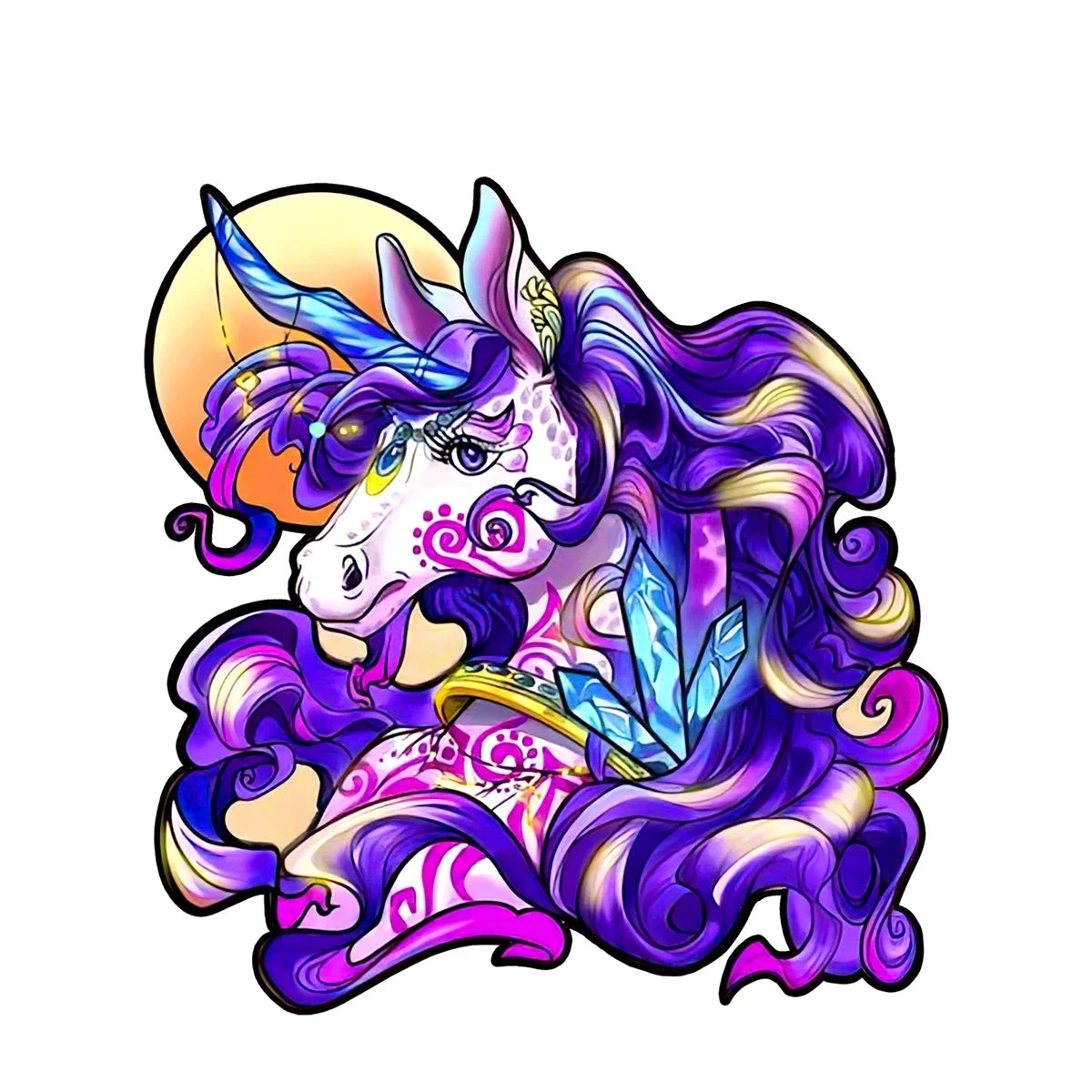 A vibrant purple unicorn head with a golden horn and sparkling mane, featuring intricate details.