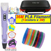 A purple 3D printing pen with an LCD display, a carrying case, and spools of colored PLA filament.