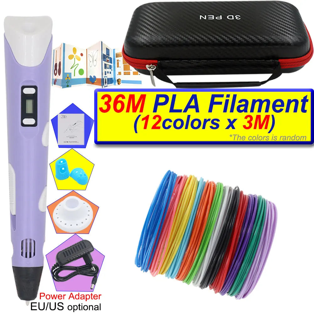 A purple 3D printing pen with an LCD display, a carrying case, and spools of colored PLA filament.