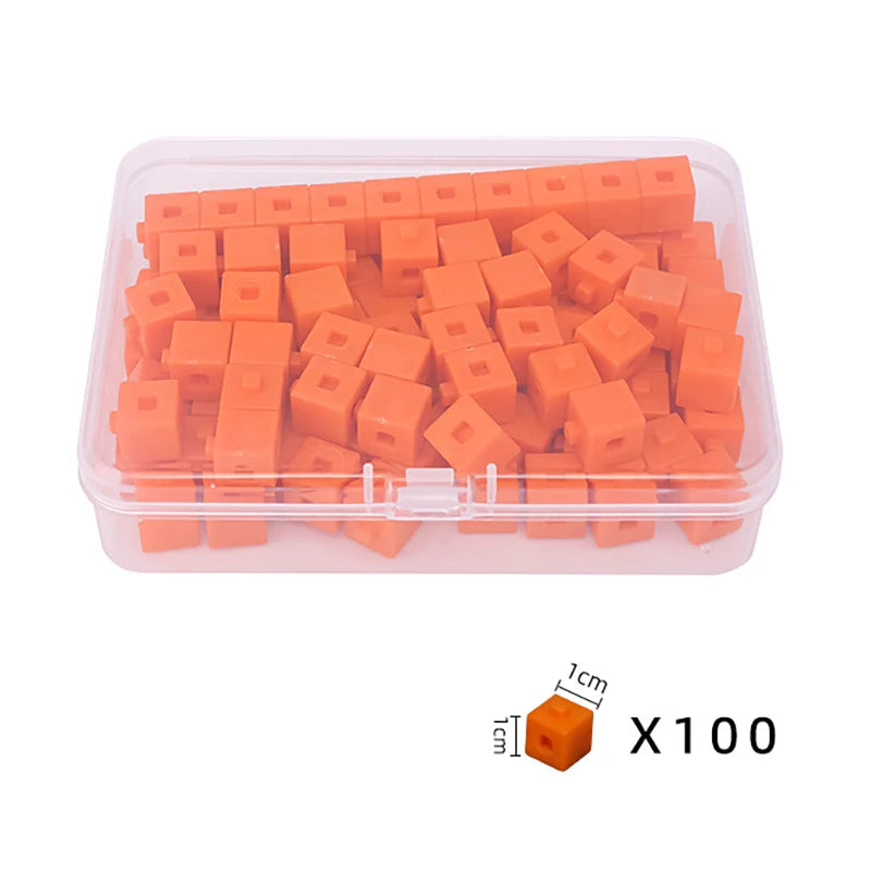 A clear plastic container filled with 100 orange linking cubes for early math learning.