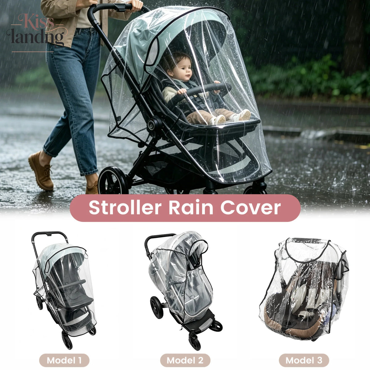 Three models of a universal waterproof stroller rain cover shown in use and individually.