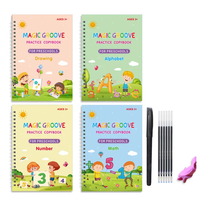 A set of reusable Magic Groove practice copybooks for preschoolers featuring drawing, alphabet, and number activities.