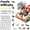 A difficult puzzle featuring a 3D wooden dragon, with various puzzle pieces and a finished puzzle layout.