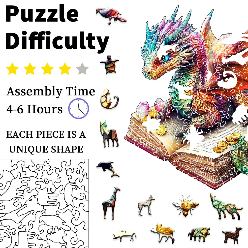 A difficult puzzle featuring a 3D wooden dragon, with various puzzle pieces and a finished puzzle layout.