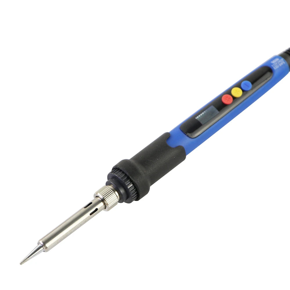 A precision soldering iron with a black and blue handle, silver tip, and colored buttons.
