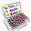 A magnetic alphabet spelling kit featuring fruit names like Tomato, Apple, Banana, and others for children.