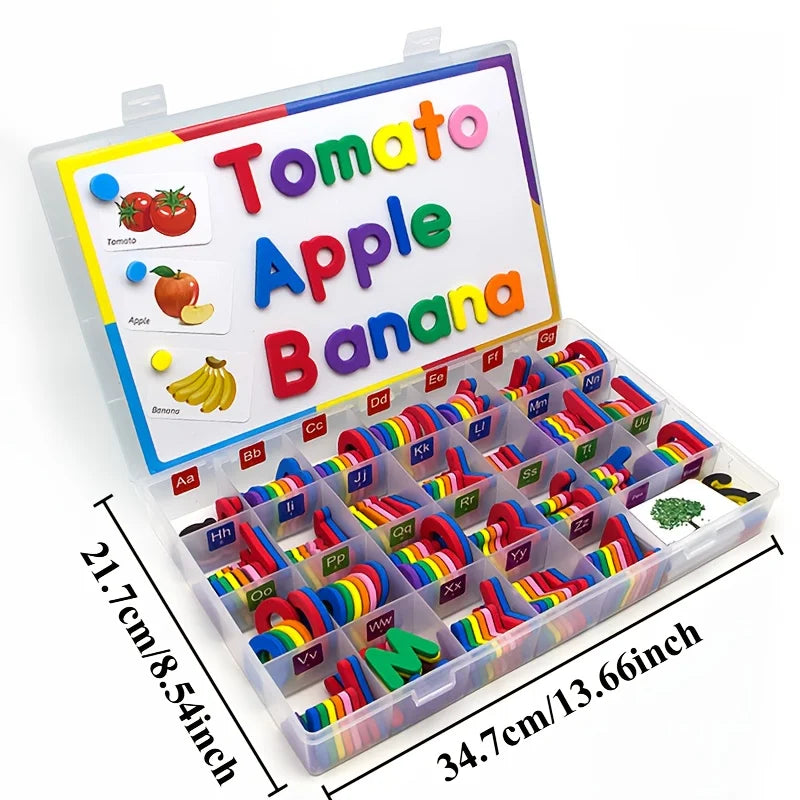 A magnetic alphabet spelling kit featuring fruit names like Tomato, Apple, Banana, and others for children.