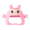 Jouet anti-dentiteur en silicone rose en forme de visage d'animal mignon avec de longues oreilles et des yeux fermés.