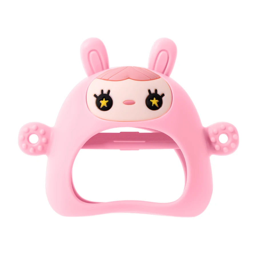 Jouet anti-dentiteur en silicone rose en forme de visage d'animal mignon avec de longues oreilles et des yeux fermés.