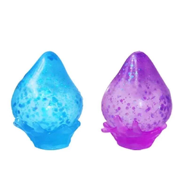 A pair of translucent squishy toys shaped like raindrops, one blue and one purple.