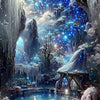 A vibrant, icy landscape painting featuring cliffs, waterfalls, and a serene pond under a blue sky.